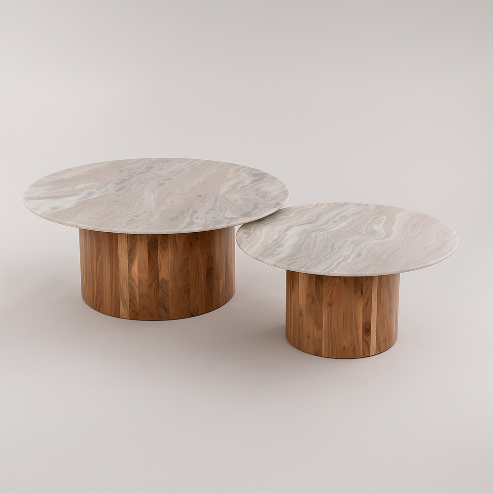 Tables basses FORMEL lot de 2 en bois d'acacia naturel et plateau marbre blanc Ø100 & Ø80 cm